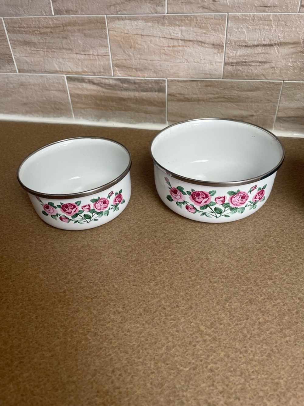 Vintage White Enamel Bowls with Pink Rose details - Set of 2